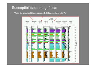 Susceptibilidade magnética:Susceptibilidade magnética:
•• Teor deTeor de magnetitamagnetita,, susceptibilidadesusceptibilidade ee teor de Feteor de Fe
 