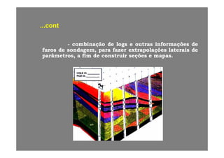 contcont......contcont
bi ãbi ã dd ll tt i f õi f õ dd-- combinaçãocombinação dede logslogs ee outrasoutras informaçõesinformações dede
furosfuros dede sondagem,sondagem, parapara fazerfazer extrapolaçõesextrapolações lateraislaterais dede
parâmetros,parâmetros, aa fimfim dede construirconstruir seçõesseções ee mapasmapas..
 