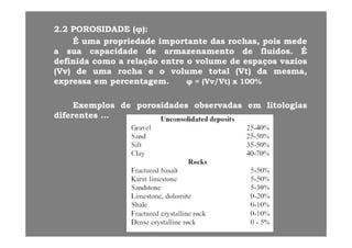 22..22 POROSIDADEPOROSIDADE ((φφ))::
ÉÉ i d di d d i t ti t t dd hh ii ddÉÉ umauma propriedadepropriedade importanteimportante dasdas rochas,rochas, poispois medemede
aa suasua capacidadecapacidade dede armazenamentoarmazenamento dede fluidosfluidos.. ÉÉ
definidadefinida comocomo aa relaçãorelação entreentre oo volumevolume dede espaçosespaços vaziosvazios
(Vv)(Vv) dede umauma rocharocha ee oo volumevolume totaltotal (Vt)(Vt) dada mesma,mesma,
expressaexpressa emem percentagempercentagem.. φφ == (Vv/Vt)(Vv/Vt) xx 100100%%
ExemplosExemplos dede porosidadesporosidades observadasobservadas emem litologiaslitologias
diferentesdiferentes ……
 