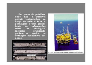--EmEm poçospoços dede petróleo,petróleo,
ondeonde nãonão éé possívelpossívelpp
extrairextrair testemunhostestemunhos aoao
longolongo dede todotodo oo furo,furo, aa
perfilagemperfilagem éé umauma grandegrande
fontefonte dede informaçõesinformações
sobresobre asas litologias,litologias,
inclusiveinclusive originandooriginando
ââ ddparâmetrosparâmetros usadosusados nana
avaliaçãoavaliação econômicaeconômica dosdos
poçospoços..
 