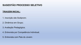 SUGESTÃO PROCESSO SELETIVO
1. Inscrição site Sodiprom;
2. Dinâmica em Grupo;
3. Avaliação Pedagógica;
4. Entrevista por Competência Individual;
5. Entrevista com Pais do Jovem:
TRIAGEM INICIAL:
 