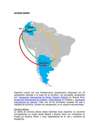ACCESO AEREO




Argentina cuenta con una infraestructura aeroportuaria compuesta por 32
aeropuertos ubicados a lo largo de su territorio. Los principales aeropuertos
son: Aeropuerto Internacional de Ezeisa- Ministro Pestarini en Buenos Aires,
Aeropuerto Internacional de Córdoba - Pajas Blancas en Córdoba y, Aeropuerto
Internacional de Ushuaia. Cada una de las principales ciudades del país y
capitales de provincia, cuentan con aeropuertos, en su mayoría internacionales.

Servicios Aéreos:
La oferta de servicios aéreos desde Colombia hacia Argentina se concentra
principalmente en vuelos desde Bogotá a Buenos Aires con conexiones en
Ciudad de Panamá, Miami y Lima, dependiendo de la ruta y aerolínea de
escogencia.
 