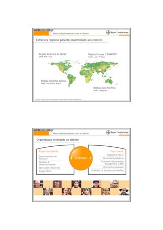 Nosso relacionamento Mundo cliente
                               Bayer CropScience no com o

  Estrutura regional garante proximidade aos clientes




       Região América do Norte                                                      Região Europa / TAMECIS*
       Sede: RTP, USA                                                               Sede: Lyon, França




           Região América Latina
           Sede: São Paulo, Brasil

                                                                                         Região Ásia Pacífico
                                                                                         Sede: Singapura



* Tamecis: Turquia, Africa, Oriente Médio, Confederação dos Estados Independentes




                               Nosso relacionamento com o cliente

   Organização orientada ao cliente



       Expertise Global                                                                                    Foco Local
                                                                                                       Regiões & Países
       Gerenciamento do
       Portfólio                                                     Clientes                      Parcerias Duradouras
       Pesquisa &                                                                                 Customer Relationship
       Desenvolvimento                                                                               Management (CRM)
       Operações Industriais                                                                     Ofertas Estruturadas
       Supply Chain                                                                    Produtos & Serviços sob medida
 