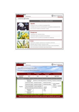 BioScience

Culturas agrícolas
                                                        Foco em 3 culturas chave

                               Algodão
                               Inovação com foco na melhoria da qualidade fibra
                               Variedades que oferecem alto desempenho e qualidade na produção dos fios
                               Inclui traits de resistência a herbicida e insetos



                               Oleaginosas
                               Combinação com o herbicida Liberty
                               Crescimento vigoroso, alto potencial de produção
                               Inovação com foco na melhoria da qualidade das oleaginosas



                               Arroz
                               Significativa vantagem comparada com variedades tradicionais
                               Qualidade superior de grão, cozimento e sabor
                               Foco em inovação no campo, tolerância ao estresse e traits de qualidade
                               Alto nível de pureza e excelentes taxas de germinação




                  BioScience

Uma linha promissora de traits
Principais projetos de P&D da BioScience

                                         Desenvolvimento          Desenvolvimento
                      Pesquisa                                                            Pré-lançamento
                                              inicial                avançado
 Lançamento
                        2015                    2013                     2010               2009/2010
  esperado
Nº de Projetos          -30                       5                        6                     3
                    Tolerância a
                                       Tolerância a herbicidas Tolerância a herbicidas Tolerância a herbicidas
                     herbicidas
                 Controle de insetos    Controle de insetos       Controle de insetos
                                                                                         GlyTol (algodão)
                 Controle de insetos    Contorle de insetos       Controle de insetos    interno
                 Traits de qualidade    Traits de qualidade                              GlyTol x LL (algodão)
  Projetos                                                         Algodão               LL (soja)
                 Controle de doenças Controle de doenças
                                                                   Canola
                    Tolerância a                                   Soja
                      estresse                                     Arroz
                    Aumento do
                    rendimento


  Desenvolvimento de traits promissores para enfrentar os desafios de amanhã
 