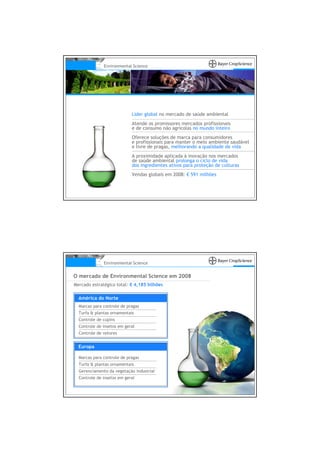 Environmental Science




                            Líder global no mercado de saúde ambiental
                            Atende os promissores mercados profissionais
                            e de consumo não agrícolas no mundo inteiro
                            Oferece soluções de marca para consumidores
                            e profissionais para manter o meio ambiente saudável
                            e livre de pragas, melhorando a qualidade de vida
                            A proximidade aplicada à inovação nos mercados
                            de saúde ambiental prolonga o ciclo de vida
                            dos ingredientes ativos para proteção de culturas
                            Vendas globais em 2008: € 591 milhões




              Environmental Science


O mercado de Environmental Science em 2008
Mercado estratégico total: € 4,185 bilhões

  América do Norte
  Marcas para controle de pragas
  Turfa & plantas ornamentais
  Controle de cupins
  Controle de insetos em geral
  Controle de vetores


  Europa

  Marcas para controle de pragas
  Turfa & plantas ornamentais
  Gerenciamento da vegetação industrial
  Controle de insetos em geral
 