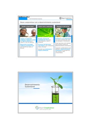 Environmental Science

Nosso compromisso com o desenvolvimento sustentável

  Saúde e bem-estar           Junto com a natureza           Pessoas e parcerias




Ampliar os ambientes          Revisão contínua de          Promover o uso responsável
saudáveis, melhorar a saúde   avaliações de risco para     de nossos produtos por meio
e a higiene públicas ao       seres humanos e para o       de educação e treinamento
reduzir o risco de doenças    ambiente
                                                           Fazer parcerias com clientes
Desenvolver tecnologia        Processos de fabricação      para alcançar metas de
moderna e de baixo custo      mais limpos e que consomem   Desenvolvimento Sustentável
para beneficiar todas as      menos recursos
pessoas                                                    Capacitar colaboradores para
                              Soluções que minimizam o     abordar o Desenvolvimento
                              impacto ambiental            Sustentável da perspectiva
                                                           dos clientes e dos
                                                           consumidores




        Desenvolvimento
        Sustentável




                                Perfil da Empresa 2009
 