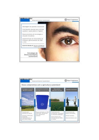 Desenvolvimento Sustentável



 Abordagem de questões transversais

 Contribuição soluções para nutrição
 saudável, saúde pública e higiene

 Desenvolvimento de tecnologias e
 soluções inovadoras

 Implementação de Stewardship de
 Produtos: gerenciamento de todo
 o ciclo




       Estratégia de
    Desenvolvimento
         Sustentável




                       Desenvolvimento Sustentável

Nosso compromisso com a agricultura sustentável

Tecnologias & soluções       Stewardship de produtos:         Boas práticas
                                                                                    Questões transversais
 agrícolas inovadoras       abordagem do ciclo de vida     agrícolas & Serviços




Produtos para                Responsabilidade em P&D,    Fornecimento de           Envolvimento dos
proteção de cultivos         fabricação, distribuição,   ferramentas, informação   grupos interessados
                             uso e descarte de           & orientação adaptados
Sementes melhoradas          produtos                                              Direitos humanos
produzidas                                               Gerenciamento dos
tradicionalmente ou                                      recursos naturais (GRN)   Desenvolvimento rural
pela biotecnologia                                       no campo
 