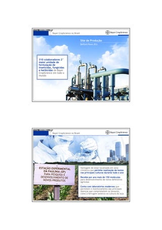 Bayer CropScience no Brasil


                                          Site de Produção
                                          Belford Roxo (RJ)




310 colaboradores 2°
maior unidade de
formulação de
inseticidas, fungicidas
e herbicidas da Bayer
CropScience em todo o
mundo




            Bayer CropScience no Brasil




ESTAÇÃO EXPERIMENTAL                      Vantagem de estar localizada em zona
   EM PAULÍNIA (SP)                       climática que permite realização de testes
                                          nas principais culturas durante todo o ano
   PARA PESQUISA E
 DESENVOLVIMENTO DE                       Recebe por ano mais de 150 moléculas
   NOVOS PRODUTOS                         para desenvolvimento de novos defensivos
                                          agrícolas

                                          Conta com laboratórios modernos que
                                          permitem o monitoramento das principais
                                          doenças que comprometem as lavouras,
                                          como a ferrugem asiática na cultura da soja
 