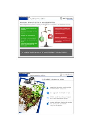 Bayer CropScience no Brasil
                  Bayer CropScience no Brasil


Panorama de médio prazo do Mercado Brasileiro
Fatores positivos para recuperação da agricultura brasileira atualmente retraída

 Demanda mundial crescente por                              Incertezas pela crise americana –
 alimentos                                                  crescimento econômico abaixo
                                                            do previsto
 Preços das commodities em níveis
 atrativos
                                                            Endividamento rural
 Demanda por biocombustível
                                                            Inexistência de subsídios
 Previsão de aumento das áreas
 plantadas e uso de tecnologia no                           Infraestrutura / logística ainda
 campo                                                      insatisfatórias
 Significante área disponível para
 plantio (excluindo áreas de
 preservação)




       No geral, potencial positivo no longo prazo para o mercado brasileiro




                   Bayer CropScience no Brasil


                                        Prioridades Estratégicas Brasil




                                                   Assegurar o crescimento sustentável sob
                                                   condições voláteis do mercado


                                                   Foco na geração de valor pela inovação


                                                   Portfólio equilibrado e ofertas integradas
                                                   para as principais culturas do país


                                                   Inovação de produto adaptado ao mercado
                                                   local para atender necessidades
                                                   específicas do agricultor
 