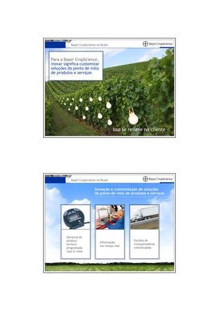Bayer CropScience no Brasil




Para a Bayer CropScience,
inovar significa customizar
soluções do ponto de vista
de produtos e serviços




                                         Isso se reflete no cliente




           Bayer CropScience no Brasil


                            Inovação e customização de soluções
                            do ponto de vista de produtos e serviços




        Garantia do
        produto                                    Escolha de
                                Informação
        na hora                                    transportadoras
                                em tempo real
        programada                                 conceituadas
        Just in time
 