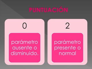 0
parámetro
ausente o
disminuido.
2
parámetro
presente o
normal
 