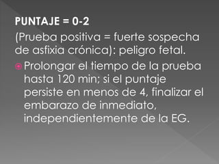 PUNTAJE = 0-2
(Prueba positiva = fuerte sospecha
de asfixia crónica): peligro fetal.
 Prolongar el tiempo de la prueba
hasta 120 min; si el puntaje
persiste en menos de 4, finalizar el
embarazo de inmediato,
independientemente de la EG.
 
