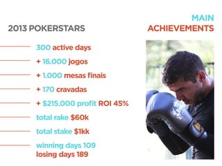 + 16.000 jogos
+ 1.000 mesas ﬁnais
+ 170 cravadas
+ $215.000 proﬁt ROI 45%
300 active days
total rake $60k
total stake $1kk
winning days 109
losing days 189
2013 POKERSTARS
MAIN
ACHIEVEMENTS
 