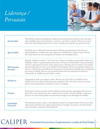 Entendendo Características, Comportamentos e os dados do Perfil Caliper 2
Assertividade:
Agressividade:
Motivado para
Persuadir:
Resiliência:
Energia:
Estabilidade
Emocional:
Liderança /
Persuasão
Potencial de comunicar informações e ideias de uma maneira direta. Pessoas com níveis altos
nesta qualidade devem estar dispostas a comunicar suas ideias e opiniões. Pessoas com níveis
baixos em Assertividade podem não se sentir à vontade para expressar seus pontos de vista.
Inclinação para se afirmar de maneira vigorosa. Pessoas que apresentam níveis altos em
agressividade têm a tendência de serem vigorosas ao defender suas ideias ou ações. Pessoas
com níveis baixos não têm a propensão de assumir uma abordagem firme.
Nível de satisfação em obter o "sim" dos outros. Pessoas motivadas para persuadir tendem a ser
impelidas a obter o comprometimento dos outros. Pessoas com níveis baixos nesta característica
não têm a propensão de investir muitos esforços para a obtenção de um consenso. A motivação
para persuadir pode às vezes ser um inibidor do desempenho. Nestes casos podem enfatizar em
excesso a obtenção da concordância de outras pessoas, possivelmente prejudicando o atingimento
das metas de trabalho. Pessoas com pontuações baixas não têm inclinação de sacrificar o
desempenho no trabalho para persuadir os outros.
Capacidade de lidar com rejeição e crítica. Pessoas com níveis altos em resiliência têm a
tendência de não se deixarem preocupar por empecilhos. Por outro lado, pessoas com níveis
baixos nesta escala podem ser sensíveis à crítica ou à rejeição.
Potencial de sustentar um alto nível de atividade durante períodos prolongados. Pessoas com
níveis altos nesta característica têm a tendência de ser ativas no local de trabalho, enquanto as
pessoas com níveis baixos podem não demonstrar energia na sua abordagem de trabalho.
Potencial para manter a calma e uma disposição estável nas situações diárias. Pessoas com altos
níveis nesta escala devem ser capazes de permanecer tranquilas. As pessoas com níveis baixos
estão inclinadas a responder emocionalmente.
 