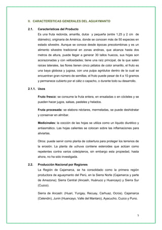 5 
II. CARACTERÍSTICAS GENERALES DEL AGUAYMANTO 
2.1. Características del Producto 
Es una fruta redonda, amarilla, dulce y pequeña (entre 1,25 y 2 cm de diámetro), originaria de América, donde se conocen más de 50 especies en estado silvestre. Aunque se conoce desde épocas precolombinas y es un alimento silvestre tradicional en zonas andinas, que alcanza hasta dos metros de altura, puede llegar a generar 30 tallos huecos, sus hojas son acorazonadas y con vellosidades; tiene una raíz principal, de la que salen raíces laterales, las flores tienen cinco pétalos de color amarillo, el fruto es una baya globosa y jugosa, con una pulpa agridulce dentro de la cual se encuentran gran número de semillas; el fruto puede pesar de 4 a 10 gramos y permanece cubierto por el cáliz o capacho, o durante todo su desarrollo. 
2.1.1. Usos 
Fruto fresco: se consume la fruta entera, en ensaladas o en cócteles y se pueden hacer jugos, salsas, pasteles y helados. 
Fruta procesada: se elabora néctares, mermeladas, se puede deshidratar y conservar en almíbar. 
Medicinales: la cocción de las hojas se utiliza como un líquido diurético y antiasmático. Las hojas calientes se colocan sobre las inflamaciones para aliviarlas. 
Otros: puede servir como planta de cobertura para proteger los terrenos de la erosión. La planta de uchuva contiene esteroides que actúan como repelentes contra varios coleópteros, sin embargo esta propiedad, hasta ahora, no ha sido investigada. 
2.2. Producción Nacional por Regiones 
La Región de Cajamarca, se ha consolidado como la primera región productora de aguaymanto del Perú, en la Sierra Norte (Cajamarca y parte de Amazona); Sierra Central (Ancash, Huánuco y Huancayo) y Sierra Sur (Cuzco). 
Sierra de Ancash: (Huari, Yungay, Recuay, Carhuaz, Ocros). Cajamarca (Celendin), Junin (Huancayo, Valle del Mantaro), Ayacucho, Cuzco y Puno. 
 