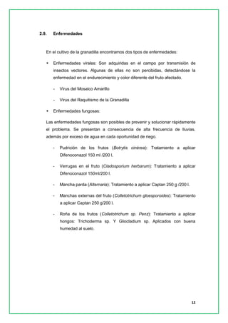12 
2.9. Enfermedades 
En el cultivo de la granadilla encontramos dos tipos de enfermedades: 
 Enfermedades virales: Son adquiridas en el campo por transmisión de insectos vectores. Algunas de ellas no son percibidas, detectándose la enfermedad en el endurecimiento y color diferente del fruto afectado. 
- Virus del Mosaico Amarillo 
- Virus del Raquitismo de la Granadilla 
 Enfermedades fungosas: 
Las enfermedades fungosas son posibles de prevenir y solucionar rápidamente el problema. Se presentan a consecuencia de alta frecuencia de lluvias, además por exceso de agua en cada oportunidad de riego. 
- Pudrición de los frutos (Botrytis cinérea): Tratamiento a aplicar Difenoconazol 150 ml /200 l. 
- Verrugas en el fruto (Cladosporium herbarum): Tratamiento a aplicar Difenoconazol 150ml/200 l. 
- Mancha parda (Alternaria): Tratamiento a aplicar Captan 250 g /200 l. 
- Manchas externas del fruto (Colletotrichum gloesporoides): Tratamiento a aplicar Captan 250 g/200 l. 
- Roña de los frutos (Colletotrichum sp. Penz): Tratamiento a aplicar hongos: Trichoderma sp. Y Gliocladium sp. Aplicados con buena humedad al suelo. 
 