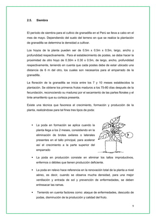 9 
2.5. Siembra 
El período de siembra para el cultivo de granadilla en el Perú se lleva a cabo en el mes de mayo. Dependiendo del suelo del terreno en que se realice la plantación de granadilla se determina la densidad a cultivar. 
Los hoyos de la planta pueden ser de 0.5m x 0.5m x 0.5m, largo, ancho y profundidad respectivamente. Para el establecimiento de postes, se debe hacer la proximidad de otro hoyo de 0.30m x 0.30 x 0.5m, de largo, ancho, profundidad respectivamente, teniendo en cuenta que cada postes debe de estar ubicado una distancia de 6 m del otro, los cuales son necesarios para el emparrado de la granadilla. 
La floración de la granadilla se inicia entre los 7 y 10 meses establecidos la plantación. Se obtiene los primeros frutos maduros a los 75-80 días después de la fecundación, reconociendo su madurez por el secamiento de las partes florales y el tinte amarillento que su corteza presenta. 
Existe una técnica que favorece el crecimiento, formación y producción de la planta, realizándose para tal fines tres tipos de poda: 
 La poda en formación se aplica cuando la planta llega a los 2 meses, consistiendo en la eliminación de brotes axilares o laterales presentes en el tallo principal, para acelerar así el crecimiento a la parte superior del emparrado 
 La poda en producción consiste en eliminar los tallos improductivos, enfermos o débiles que tienen producción deficiente. 
 La poda en relevo hace referencia en la renovación total de la planta a nivel aéreo, es decir, cuando se observa mucha densidad, para una mejor ventilación y entrada de sol y prevención de enfermedades, se deben entresacar las ramas. 
 Teniendo en cuenta factores como: ataque de enfermedades, descuido de podas, disminución de la producción y calidad del fruto.  