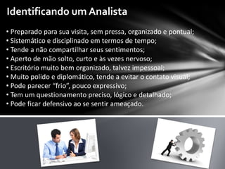 Identificando um Analista
• Preparado para sua visita, sem pressa, organizado e pontual;
• Sistemático e disciplinado em termos de tempo;
• Tende a não compartilhar seus sentimentos;
• Aperto de mão solto, curto e às vezes nervoso;
• Escritório muito bem organizado, talvez impessoal;
• Muito polido e diplomático, tende a evitar o contato visual;
• Pode parecer “frio”, pouco expressivo;
• Tem um questionamento preciso, lógico e detalhado;
• Pode ficar defensivo ao se sentir ameaçado.
 
