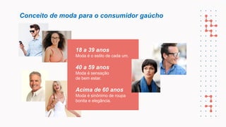 Conceito de moda para o consumidor gaúcho
Acima de 60 anos
Moda é sinônimo de roupa
bonita e elegância.
18 a 39 anos
Moda é o estilo de cada um.
40 a 59 anos
Moda é sensação
de bem estar.
 