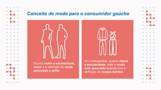 Conceito de moda para o consumidor gaúcho
Em contrapartida, quanto menor
a escolaridade, mais a moda
está associada apenas com a
definição de roupas bonitas.
Quanto maior a escolaridade,
maior é a definição de moda
associada à estilo.
 