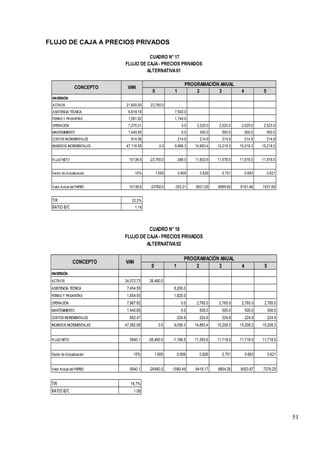 51
FLUJO DE CAJA A PRECIOS PRIVADOS
0 1 2 3 4 5
INVERSIÓN
ACTIVOS 21,600.00 23,760.0
ASISTENCIA TÉCNICA 6,818.18 7,500.0
FERIAS Y PASANTÍAS 1,581.82 1,740.0
OPERACIÓN 7,276.21 0.0 2,525.0 2,525.0 2,525.0 2,525.0
MANTENIMIENTO 1,440.85 0.0 500.0 500.0 500.0 500.0
COSTOS INCREMENTALES 814.56 214.9 214.9 214.9 214.9 214.9
INGRESOS INCREMENTALES 47,116.55 0.0 9,066.3 14,893.4 15,218.3 15,218.3 15,218.3
FLUJO NETO 10136.6 -23,760.0 -388.5 11,653.6 11,978.5 11,978.5 11,978.5
Factor de Actualización 10% 1.000 0.909 0.826 0.751 0.683 0.621
Valor Actual del FNPBD 10136.6 -23760.0 -353.21 9631.05 8999.60 8181.46 7437.69
TIR 22.3%
RATIO B/C 1.19
CUADRO N° 17
FLUJO DE CAJA- PRECIOS PRIVADOS
ALTERNATIVA01
CONCEPTO VAN
PROGRAMACIÓN ANUAL
0 1 2 3 4 5
INVERSIÓN
ACTIVOS 24,072.73 26,480.0
ASISTENCIA TÉCNICA 7,454.55 8,200.0
FERIAS Y PASANTÍAS 1,654.55 1,820.0
OPERACIÓN 7,967.82 0.0 2,765.0 2,765.0 2,765.0 2,765.0
MANTENIMIENTO 1,440.85 0.0 500.0 500.0 500.0 500.0
COSTOS INCREMENTALES 852.47 224.9 224.9 224.9 224.9 224.9
INGRESOS INCREMENTALES 47,082.09 0.0 9,056.3 14,883.4 15,208.3 15,208.3 15,208.3
FLUJO NETO 5940.1 -26,480.0 -1,188.5 11,393.6 11,718.5 11,718.5 11,718.5
Factor de Actualización 10% 1.000 0.909 0.826 0.751 0.683 0.621
Valor Actual del FNPBD 5940.1 -26480.0 -1080.49 9416.17 8804.26 8003.87 7276.25
TIR 16.7%
RATIO B/C 1.08
CUADRO N° 18
FLUJO DE CAJA- PRECIOS PRIVADOS
ALTERNATIVA02
CONCEPTO VAN
PROGRAMACIÓN ANUAL
 