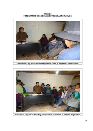 73
ANEXO 5
FOTOGRAFÍAS DE LOS DIAGNÓSTICOS PARTICIPATIVOS
Consultora Caty Piñan Alcedo explicando sobre el proyecto a beneficiarios
Consultora Caty Piñan Alcedo y beneficiarios realizando el taller de diagnostico
 