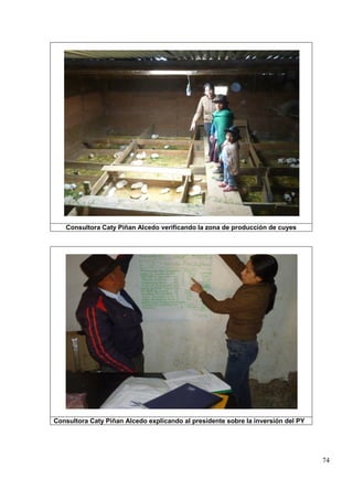 74
Consultora Caty Piñan Alcedo verificando la zona de producción de cuyes
Consultora Caty Piñan Alcedo explicando al presidente sobre la inversión del PY
 