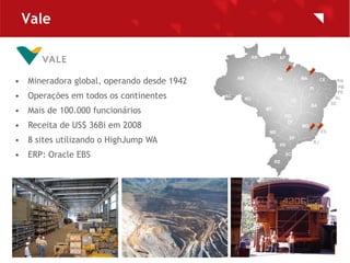 Vale



• Mineradora global, operando desde 1942
• Operações em todos os continentes
• Mais de 100.000 funcionários
• Rece...