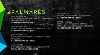 14 DE JUNIO DE 2015
COPA INTERNACIONAL DE TRIATLÓN CIUDAD BONITA
BUCARAMANGA
CAMPEÓN CATEGORIA ELITE
23 DE MAYO DE 2015
II JUEGOS NACIONALES DE MAR Y PLAYA RELEVOS
CAMPEÓN CATEGORIA ELITE
21 DE MAYO DE 2015
II JUEGOS NACIONALES DE MAR Y PLAYA EQUIPO
MASCULINO
CAMPEÓN CATEGORIA ELITE
21 DE MAYO DE 2015
II JUEGOS NACIONALES DE MAR Y PLAYA SPRINT
SUBCAMPEÓN CATEGORIA ELITE
ABRIL 24 DE 2015
CIRCUITO NACIONAl SAN ANDRES SPRINT
CAMPEÓN CATEGORIA ELITE
MARZO 02 DE 2014
SANTA MARTA PATCO LONG DISTANCE
TRIATHLON PAN AMERICAN CHAMPIONSHIPS
CAMPEÓN CATEGORIA ELITE
palmarés
 