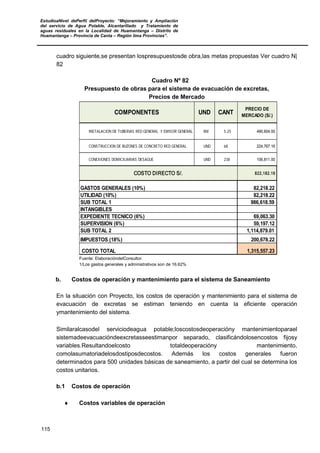 EstudioaNivel dePerfil delProyecto: “Mejoramiento y Ampliación
del servicio de Agua Potable, Alcantarillado y Tratamiento de
aguas residuales en la Localidad de Huamantanga – Distrito de
Huamantanga – Provincia de Canta – Región lima Provincias”.
115
cuadro siguiente,se presentan lospresupuestosde obra,las metas propuestas Ver cuadro N|
82
Cuadro Nº 82
Presupuesto de obras para el sistema de evacuación de excretas,
Precios de Mercado
INSTALACION DE TUBERIAS RED GENERAL Y EMISOR GENERAL KM 5.25 490,604.00
CONSTRUCCION DE BUZONES DE CONCRETO RED GENERAL UND 68 224,767.16
CONEXIONES DOMICILIARIAS DESAGUE UND 238 106,811.00
822,182.16
82,218.22
82,218.22
986,618.59
69,063.30
59,197.12
1,114,879.01
200,678.22
1,315,557.23
COMPONENTES
PRECIO DE
MERCADO (S/.)
UND CANT
GASTOS GENERALES (10%)
UTILIDAD (10%)
COSTO TOTAL
COSTO DIRECTO S/.
SUB TOTAL 1
INTANGIBLES
EXPEDIENTE TECNICO (6%)
SUPERVISION (6%)
SUB TOTAL 2
IMPUESTOS (18%)
Fuente: ElaboracióndelConsultor.
1/Los gastos generales y administrativos son de 16.62%
b. Costos de operación y mantenimiento para el sistema de Saneamiento
En la situación con Proyecto, los costos de operación y mantenimiento para el sistema de
evacuación de excretas se estiman teniendo en cuenta la eficiente operación
ymantenimiento del sistema.
Similaralcasodel serviciodeagua potable;loscostosdeoperacióny mantenimientoparael
sistemadeevacuacióndeexcretasseestimanpor separado, clasificándolosencostos fijosy
variables.Resultandoelcosto totaldeoperacióny mantenimiento,
comolasumatoriadelosdostiposdecostos. Además los costos generales fueron
determinados para 500 unidades básicas de saneamiento, a partir del cual se determina los
costos unitarios.
b.1 Costos de operación
♦ Costos variables de operación
 