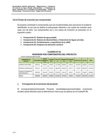 EstudioaNivel dePerfil delProyecto: “Mejoramiento y Ampliación
del servicio de Agua Potable, Alcantarillado y Tratamiento de
aguas residuales en la Localidad de Huamantanga – Distrito de
Huamantanga – Provincia de Canta – Región lima Provincias”.
117
4.6.2.3 Costo de inversión por componentes
El proyecto contempla 4 componentes que son fundamentales para solucionar el problema
identificado, es así que se diseña el presupuesto referente a los costos de inversión para
cada uno de ellos. Los componentes son y los costos de Inversión se presentan en el
siguiente cuadro:
♦ Componente 01: Sistema de agua potable
♦ Componente 02: Sistema de Alcantarillado y Tratamiento de Aguas servidas
♦ Componente 03: Fortalecimiento y capacitación de la JASS
♦ Componente 04: Programa de educación sanitaria
CUADRO Nº 84.
INVERSIÓN POR COMPONENTES DEL PROYECTO
Fuente: ElaboracióndelConsultor
COMPONENTES DEL
PROYECTO
COSTO DIRECTO
GASTOS
GENERALES
(10 %)
UTILIDADES
(10% )
SUB TOTAL
(1)
EXPEDIENTE
(7 % )
SUPERVISION
(6 %)
SUB TOTAL (2) IGV (18%) TOTAL
SISTEMA DE AGUA POTABLE 959,767.35 95,976.74 95,976.74 1,151,720.82 80,620.46 69,103.25 1,301,444.53 234,260.01 1,535,704.54
SISTEMA DE ALCANTARILLADO 822,182.16 82,218.22 82,218.22 986,618.59 69,063.30 59,197.12 1,114,879.01 200,678.22 1,315,557.23
SISTEMA DE TRATAMIENTO DE
AGUAS RESIDUALES
226,918.99 22,691.90 22,691.90 272,302.79 19,061.20 16,338.17 307,702.15 55,386.39 363,088.54
TOTAL S/. 2,008,868.50 200,886.85 200,886.85 2,410,642.20 168,744.95 144,638.53 2,724,025.69 490,324.62 3,214,350.31
c. Cronograma de inversiones del proyecto
El cronogramadeinversionesdel Proyecto resultadelaprogramacióndelas inversiones
anuales quese efectúan para la alternativa,la misma que se aprecia en el CuadroNº 86.
 