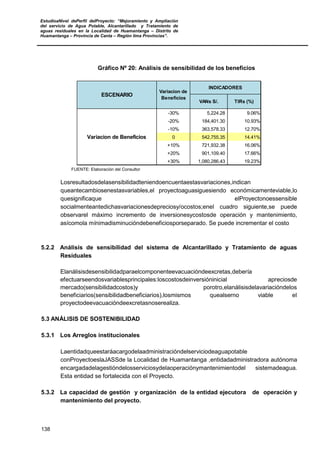 EstudioaNivel dePerfil delProyecto: “Mejoramiento y Ampliación
del servicio de Agua Potable, Alcantarillado y Tratamiento de
aguas residuales en la Localidad de Huamantanga – Distrito de
Huamantanga – Provincia de Canta – Región lima Provincias”.
138
Gráfico Nº 20: Análisis de sensibilidad de los beneficios
VANs S/. TIRs (%)
-30% 5,224.28 9.06%
-20% 184,401.30 10.93%
-10% 363,578.33 12.70%
0 542,755.35 14.41%
+10% 721,932.38 16.06%
+20% 901,109.40 17.66%
+30% 1,080,286.43 19.23%
Variacion de Beneficios
ESCENARIO
Variacion de
Beneficios
INDICADORES
FUENTE: Elaboración del Consultor
Losresultadosdelasensibilidadteniendoencuentaestasvariaciones,indican
queantecambiosenestasvariables,el proyectoaguasiguesiendo económicamenteviable,lo
quesignificaque elProyectonoessensible
socialmenteantedichasvariacionesdepreciosy/ocostos;enel cuadro siguiente,se puede
observarel máximo incremento de inversionesycostosde operación y mantenimiento,
asícomola mínimadisminucióndebeneficiosporseparado. Se puede incrementar el costo
5.2.2 Análisis de sensibilidad del sistema de Alcantarillado y Tratamiento de aguas
Residuales
Elanálisisdesensibilidadparaelcomponenteevacuacióndeexcretas,debería
efectuarseendosvariablesprincipales:loscostosdeinversióninicial apreciosde
mercado(sensibilidadcostos)y porotro,elanálisisdelavariacióndelos
beneficiarios(sensibilidadbeneficiarios),losmismos quealserno viable el
proyectodeevacuacióndeexcretasnoserealiza.
5.3 ANÁLISIS DE SOSTENIBILIDAD
5.3.1 Los Arreglos institucionales
Laentidadqueestaráacargodelaadministracióndelserviciodeaguapotable
conProyectoeslaJASSde la Localidad de Huamantanga ,entidadadministradora autónoma
encargadadelagestióndelosserviciosydelaoperaciónymantenimientodel sistemadeagua.
Esta entidad se fortalecida con el Proyecto.
5.3.2 La capacidad de gestión y organización de la entidad ejecutora de operación y
mantenimiento del proyecto.
 