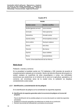 EstudioaNivel dePerfil delProyecto: “Mejoramiento y Ampliación
del servicio de Agua Potable, Alcantarillado y Tratamiento de
aguas residuales en la Localidad de Huamantanga – Distrito de
Huamantanga – Provincia de Canta – Región lima Provincias”.
34
Cuadro Nº 6
FAUNA
Nombre común Nombre científico
Keullas (gaviota serrana) Larus serranus
Cernicalo Falco sparverius
Golondrina Hirundo rustica
Gaviota andina Chroicicephalus serranus
Zorro andino Dusicyon culpaeus
Ovinos Ovis Aries
Vacunos Bos taurus
Equinos Equus caballus
Perros Canis familiares
Fuente: Universidad Nacional de San Marcos
Medio Social
Población, vivienda y comercio:
En la actualidad la localidad cuenta con 714 habitantes y 238 viviendas de acuerdo al
empadronamiento realizado por el consultor. Dentro del área de influencia del proyecto no
existen vestigios en superficies de sitios arqueológicos o ruinas. Las actividades
económicas que predominan en el entorno de la zona es la agricultura, ganadería y el
comercio, por encontrase cerca de la ciudad Lima, la población se desplaza
constantemente a esta ciudad.
a.5.1 Identificación y caracterización de los peligros
En la identificación de peligros se ha considerado los siguientes aspectos:
A. Identificación de aspectos generales sobre la ocurrencia de peligros en la zona del
proyecto:
Para la identificación de los posibles peligros en la zona del proyecto se realizó las siguientes
actividades:
 Estableció la ubicación geográfica de poblaciones en ámbito de su jurisdicción.
 Revisión documental de antecedentes y pronósticos de amenazas
 
