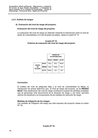 EstudioaNivel dePerfil delProyecto: “Mejoramiento y Ampliación
del servicio de Agua Potable, Alcantarillado y Tratamiento de
aguas residuales en la Localidad de Huamantanga – Distrito de
Huamantanga – Provincia de Canta – Región lima Provincias”.
48
a.5.3 Análisis de riesgos
A) Evaluación del nivel de riesgo del proyecto.
Evaluación del nivel de riesgo del proyecto.
La evaluación del nivel de riesgo se obtendrá mediante la intersección entre el nivel de
grado de vulnerabilidad y el nivel de grado de peligro, véase el cuadro Nº 15.
Cuadro Nº 15:
Criterios de evaluación del nivel de riesgo del proyecto
Conclusión:
El análisis del nivel de peligroses Bajo y el nivel de vulnerabilidad es Medio, la
intersección de ambas determino que el nivel de riesgo del proyecto, es de RIESGO
BAJO. Esta clasificación del nivel de riesgo contribuirá a evaluar las pérdidas probables
que se generarían ante laocurrencia de la situación de riesgo y, por tanto, permitirá
estimar los beneficios y la incorporación de las medidas de reducción de riesgo.
Medidas de mitigación de los riesgos
Las medidas de mitigación del riesgo que está expuesto del proyecto (véase el cuadro
Nº 16)
Cuadro Nº 16:
GRADO DE
VULNERABILIDAD
BAJO MEDIO ALTO
GRADO
DE
PELIGRO
BAJO Bajo Bajo Medio
MEDIO Bajo Medio Alto
ALTO Medio Alto Alto
 