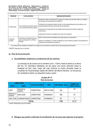 EstudioaNivel dePerfil delProyecto: “Mejoramiento y Ampliación
del servicio de Agua Potable, Alcantarillado y Tratamiento de
aguas residuales en la Localidad de Huamantanga – Distrito de
Huamantanga – Provincia de Canta – Región lima Provincias”.
50
RIESGOS LOCALIZACIÓN MEDIDAS MITIGACIÓN
Inundaciones
Las inundaciones podrían afectar
a los componentes del proyecto
Diseñar las redes de distribución de agua por circuitos que permitan aislar con válvulas
los sectores con amenazas de inundación.
El diseño de los sistemas deberá cumplir con las especificaciones de los planos y con
especificaciones técnicas, para evitar las inundaciones.
Supervisar el cumplimiento de las especificaciones técnicas durante la etapa de
construcción.
Implementar el plan de contingencia en caso de inundación
Conflictos
sociales
El sistema de abastecimiento de
agua, puede generar conflictos
sociales
Definir el área donde se abastecerá de agua potable y saneamiento.
Informar a la población, a través de talleres en qué consiste el proyecto (los beneficios e
impactos que ocasionara el proyecto) *
* Los costos de las medidas de mitigación de riesgos ya se encuentran incluidos dentro del presupuesto del proyecto.
FUENTE: Elaborado por el consultor.
b) Vías de Comunicación
a. Accesibilidad, existencia y condiciones de los caminos
La principal vía de acceso es la carretera Lima – Canta, hasta el desvió a la altura
del Km. 87 (Carretera asfaltada), de ahí parte una trocha afirmada hasta la
localidad de San José, luego del cual continua la trocha afirmada hasta la
Localidad de Huamantanga capital del Distrito del Mismo Nombre. La frecuencia
de movilidad es diaria, en pequeños buses y autos
Cuadro Nº 17
Vías de acceso
Fuente: Elaborado por el Consultor.
b. Riesgos que podría confrontar la movilización de recursos para ejecutar el proyecto.
UBICACIÓN
VIA DE ACCESO TIPO DISTANCIA (Km)
TIEMPO DE
VIAJE (horas)INCIO FINAL
LIMA
DESVIO A
CANTA
CARRETERA ASFALTADA 22
½”
DESVIO A
CANTA
SAN JOSE CARRETERA AFIRMADA 65 2”
SAN JOSE HUAMANTANGA CARRETERA AFIRMADA 21 1”
TOTAL 112 3 ½”
 