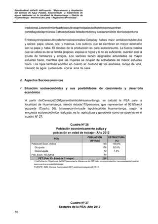 EstudioaNivel dePerfil delProyecto: “Mejoramiento y Ampliación
del servicio de Agua Potable, Alcantarillado y Tratamiento de
aguas residuales en la Localidad de Huamantanga – Distrito de
Huamantanga – Provincia de Canta – Región lima Provincias”.
55
tradicional.Losrendimientosdeloscultivosprincipalesdeldistritoseencuentran
pordebajodelaprovincia.Estosedebeala faltadecréditosy asesoramiento técnicooportuno.
Entrelosprincipalescultivostenemosloscereales:Cebaday habas maíz amiláceo;tubérculos
y raíces: papa, olluco, oca, y mashua. Los cultivos que se siembran en mayor extensión
son la papa y haba. El destino de la producción es para autoconsumo. La fuerza básica
que se utiliza es de la familia (esposo, esposa e hijos) y si no es suficiente, cuentan con la
ayuda de familiares y amigos. Los varones tienen asignados actividades de mayor
esfuerzo físico, mientras que las mujeres se ocupan de actividades de menor esfuerzo
físico. Los hijos también aportan en cuanto al: cuidado de los animales, recojo de leña,
traslado de agua juntamente con la ama de casa.
d. Aspectos Socioeconómicos
 Situación socioeconómica y sus posibilidades de crecimiento y desarrollo
económico
A partir delCensode2,007paraeldistritodeHuamantanga, se calculó la PEA para la
localidad de Huamantanga, siendo éstade115personas, que representan el 92.6%está
ocupada (Cuadro 26), labaseeconómicade lapoblaciónde huamantanga, según la
encuesta socioeconómica realizada, es la agricultura y ganadería como se observa en el
cuadro Nº 27.
Cuadro Nº 26
Población económicamente activa y
población en edad de trabajar: Año 2012
PEA
POBLACIÓN ESTRUCTURA
(Nº Hab) (%)
Población Econ. Activa 190 100.0%
Ocupada 178 92.6%
Desocupada 12 7.4%
Pob. Econ. No Activa 48
PET (Pob. En Edad de Trabajar) 238
1/LaPoblación Objetivoes de2007 personas;la diferencia de 237 Hab. correspondea los menoresdeedad,que no
seencuentranenedaddetrabajar.
FUENTE: INEI, Censos Nacionales2,007y estimacionespara el 2,012.
Cuadro Nº 27
Sectores de la PEA: Año 2012
 