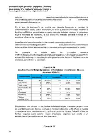 EstudioaNivel dePerfil delProyecto: “Mejoramiento y Ampliación
del servicio de Agua Potable, Alcantarillado y Tratamiento de
aguas residuales en la Localidad de Huamantanga – Distrito de
Huamantanga – Provincia de Canta – Región lima Provincias”.
59
reducido deprofesionalesdelasaludenesosestablecimientos,la
mayoríadelospuestosdesaludnocuentanconlasmedicinasni el instrumental
paraunaatencióndeemergencia.
En el área de intervención se practica con bastante frecuencia la curación de
enfermedades en base a yerbas medicinales, de modo que la concurrencia de pacientes a
los Centros Médicos generalmente se realiza después de haber intentado el tratamiento
bajo la modalidad de curandería, lo cual explica una reducida cantidad de casos en el
ámbito de influencia del proyecto.
Lasenfermedadesquetienenrelacióndirectaconelconsumodeaguainsalubrey
eldéficitdelosserviciosdeaguapotabley evacuacióndeexcretasdenominadas
enfermedadeshídricas,afectanconmayorincidenciaalosniñosyadolescentesde 5a14años.
Su presencia es notoria entre las principales causasde
morbilidad,especialmenteenlapoblaciónensituacióndepobrezayextremapobreza,Lasenferm
edadeshídricasdemayorincidenciaregistradas porelCentrode Saludson: las enfermedades
diarreicas, conjuntivitisy la parasitosis.
Cuadro Nº 34
Localidad Huamantanga: Episodio de enfermedades en menores de 06 años:
Agosto de 2012 (%).
Enfermedades
SI NO
Frecuencia % Frecuencia % %
Diarrea 42 100.0% 120 0.0% 100%
Conjuntivitis 2 37.5% 3 62.5% 100%
Tuberculosis 7 2
Enfermedades de
la piel 7 0.0% 2 100.0% 100%
Infecciones 6 0.0% 3 0.0%
Parasitosis 3 87.5% 2 12.5% 100%
Tifoidea,
hepatitis, otros 0 0.0% 2 100.0% 100%
El tratamiento más utilizado por las familias de la Localidad der Huamantanga como forma
de curar EDAs como las diarreas es el uso de hierbas medicinales, un 90.6 % de la muestra
considera que es un método adecuado y suficiente para curar diarreas. Solo el 9.4 % de las
familias preparan suero casero. Ningún encuestado respondió que acudía a un
establecimiento de salud para tratar esta enfermedad.
Cuadro Nº 35
 