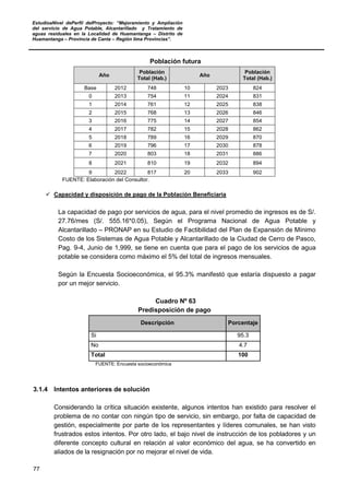 EstudioaNivel dePerfil delProyecto: “Mejoramiento y Ampliación
del servicio de Agua Potable, Alcantarillado y Tratamiento de
aguas residuales en la Localidad de Huamantanga – Distrito de
Huamantanga – Provincia de Canta – Región lima Provincias”.
77
Población futura
Año
Población
Total (Hab.)
Año
Población
Total (Hab.)
Base 2012 748 10 2023 824
0 2013 754 11 2024 831
1 2014 761 12 2025 838
2 2015 768 13 2026 846
3 2016 775 14 2027 854
4 2017 782 15 2028 862
5 2018 789 16 2029 870
6 2019 796 17 2030 878
7 2020 803 18 2031 886
8 2021 810 19 2032 894
9 2022 817 20 2033 902
FUENTE: Elaboración del Consultor.
 Capacidad y disposición de pago de la Población Beneficiaria
La capacidad de pago por servicios de agua, para el nivel promedio de ingresos es de S/.
27.76/mes (S/. 555.16*0.05), Según el Programa Nacional de Agua Potable y
Alcantarillado – PRONAP en su Estudio de Factibilidad del Plan de Expansión de Mínimo
Costo de los Sistemas de Agua Potable y Alcantarillado de la Ciudad de Cerro de Pasco,
Pag. 9-4, Junio de 1,999, se tiene en cuenta que para el pago de los servicios de agua
potable se considera como máximo el 5% del total de ingresos mensuales.
Según la Encuesta Socioeconómica, el 95.3% manifestó que estaría dispuesto a pagar
por un mejor servicio.
Cuadro Nº 63
Predisposición de pago
Descripción Porcentaje
Si 95.3
No 4.7
Total 100
FUENTE: Encuesta socioeconómica
3.1.4 Intentos anteriores de solución
Considerando la crítica situación existente, algunos intentos han existido para resolver el
problema de no contar con ningún tipo de servicio, sin embargo, por falta de capacidad de
gestión, especialmente por parte de los representantes y líderes comunales, se han visto
frustrados estos intentos. Por otro lado, el bajo nivel de instrucción de los pobladores y un
diferente concepto cultural en relación al valor económico del agua, se ha convertido en
aliados de la resignación por no mejorar el nivel de vida.
 