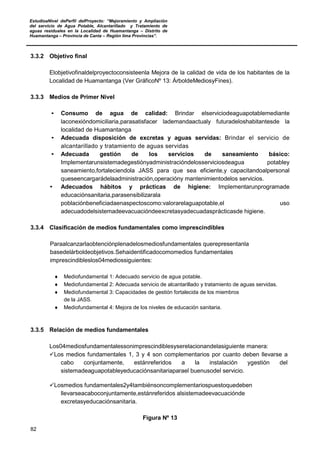 EstudioaNivel dePerfil delProyecto: “Mejoramiento y Ampliación
del servicio de Agua Potable, Alcantarillado y Tratamiento de
aguas residuales en la Localidad de Huamantanga – Distrito de
Huamantanga – Provincia de Canta – Región lima Provincias”.
82
3.3.2 Objetivo final
Elobjetivofinaldelproyectoconsisteenla Mejora de la calidad de vida de los habitantes de la
Localidad de Huamantanga (Ver GráficoNº 13: ÁrboldeMediosyFines).
3.3.3 Medios de Primer Nivel
• Consumo de agua de calidad: Brindar elserviciodeaguapotablemediante
laconexióndomiciliaria,parasatisfacer lademandaactualy futuradeloshabitantesde la
localidad de Huamantanga
• Adecuada disposición de excretas y aguas servidas: Brindar el servicio de
alcantarillado y tratamiento de aguas servidas
• Adecuada gestión de los servicios de saneamiento básico:
Implementarunsistemadegestiónyadministracióndelosserviciosdeagua potabley
saneamiento,fortaleciendola JASS para que sea eficiente,y capacitandoalpersonal
queseencargarádelaadministración,operacióny mantenimientodelos servicios.
• Adecuados hábitos y prácticas de higiene: Implementarunprogramade
educaciónsanitaria,parasensibilizarala
poblaciónbeneficiadaenaspectoscomo:valorarelaguapotable,el uso
adecuadodelsistemadeevacuacióndeexcretasyadecuadasprácticasde higiene.
3.3.4 Clasificación de medios fundamentales como imprescindibles
Paraalcanzarlaobtenciónplenadelosmediosfundamentales querepresentanla
basedelárboldeobjetivos.Sehaidentificadocomomedios fundamentales
imprescindibleslos04mediossiguientes:
♦ Mediofundamental 1: Adecuado servicio de agua potable.
♦ Mediofundamental 2: Adecuada servicio de alcantarillado y tratamiento de aguas servidas.
♦ Mediofundamental 3: Capacidades de gestión fortalecida de los miembros
de la JASS.
♦ Mediofundamental 4: Mejora de los niveles de educación sanitaria.
3.3.5 Relación de medios fundamentales
Los04mediosfundamentalessonimprescindiblesyserelacionandelasiguiente manera:
Los medios fundamentales 1, 3 y 4 son complementarios por cuanto deben llevarse a
cabo conjuntamente, estánreferidos a la instalación ygestión del
sistemadeaguapotableyeducaciónsanitariaparael buenusodel servicio.
Losmedios fundamentales2y4tambiénsoncomplementariospuestoquedeben
llevarseacaboconjuntamente,estánreferidos alsistemadeevacuaciónde
excretasyeducaciónsanitaria.
Figura Nº 13
 