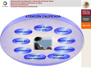 Subsecretaria de Integración y Desarrollo del Sector Salud
Dirección de Calidad y Educación en Salud.
Dirección de Enfermería.
Comisión Permanente de Enfermería.
Control prenatal
Trabajo de parto
y parto
Interculturalidad
Recién nacido
Puerperio
Administrativa
Modelo IEC
Urgencias
Gineco-obstétricas
Urgencias
neonatales
ATENCIÓN CALIFICADA
 