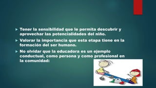  Tener la sensibilidad que le permita descubrir y 
aprovechar las potencialidades del niño. 
 Valorar la importancia que esta etapa tiene en la 
formación del ser humano. 
 No olvidar que la educadora es un ejemplo 
conductual, como persona y como profesional en 
la comunidad: 
 