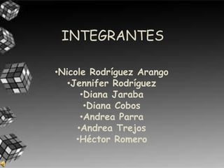 INTEGRANTES

•Nicole Rodríguez Arango
   •Jennifer Rodríguez
      •Diana Jaraba
       •Diana Cobos
      •Andrea Parra
     •Andrea Trejos
     •Héctor Romero
 