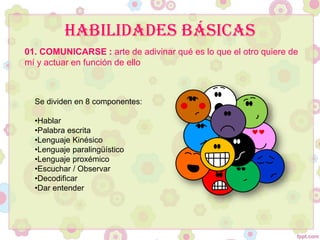 HABILIDADES BÁSICAS
01. COMUNICARSE : arte de adivinar qué es lo que el otro quiere de
mí y actuar en función de ello
Se dividen en 8 componentes:
•Hablar
•Palabra escrita
•Lenguaje Kinésico
•Lenguaje paralingüístico
•Lenguaje proxémico
•Escuchar / Observar
•Decodificar
•Dar entender
 