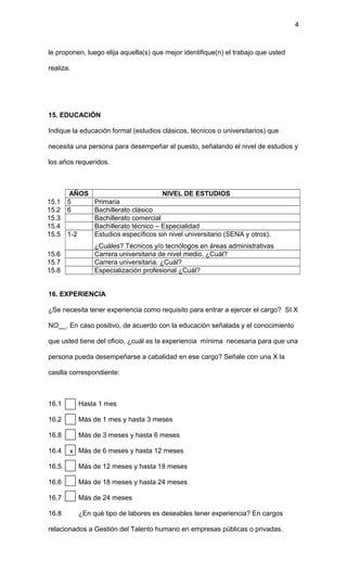 le proponen, luego elija aquella(s) que mejor identifique(n) el trabajo que usted
realiza.
15. EDUCACIÓN
Indique la educación formal (estudios clásicos, técnicos o universitarios) que
necesita una persona para desempeñar el puesto, señalando el nivel de estudios y
los años requeridos.
AÑOS NIVEL DE ESTUDIOS
15.1 5 Primaria
15.2 6 Bachillerato clásico
15.3 Bachillerato comercial
15.4 Bachillerato técnico – Especialidad
15.5 1-2 Estudios específicos sin nivel universitario (SENA y otros).
¿Cuáles? Técnicos y/o tecnólogos en áreas administrativas
15.6 Carrera universitaria de nivel medio. ¿Cuál?
15.7 Carrera universitaria. ¿Cuál?
15.8 Especialización profesional ¿Cuál?
16. EXPERIENCIA
¿Se necesita tener experiencia como requisito para entrar a ejercer el cargo? SI X
NO__. En caso positivo, de acuerdo con la educación señalada y el conocimiento
que usted tiene del oficio, ¿cuál es la experiencia mínima necesaria para que una
persona pueda desempeñarse a cabalidad en ese cargo? Señale con una X la
casilla correspondiente:
16.1 Hasta 1 mes
16.2 Más de 1 mes y hasta 3 meses
16.8 Más de 3 meses y hasta 6 meses
16.4 Más de 6 meses y hasta 12 meses
16.5 Más de 12 meses y hasta 18 meses
16.6 Más de 18 meses y hasta 24 meses
16.7 Más de 24 meses
16.8 ¿En qué tipo de labores es deseables tener experiencia? En cargos
relacionados a Gestión del Talento humano en empresas públicas o privadas.
4
x
 