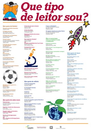 Que tipo
                                      de leitor sou?
Que gosta de futebol                  O livro da arte para crianças             O que é a felicidade?
                                      Dickins, Rosie                            (e outros da mesma coleção)
Anedotas de futebol ilustradas        Edicare, 2007                             Brenifier, Oscar
Gailivro, 2007                                                                  Dinalivro, 2008
                                      O livro das datas
O chapéu da sorte                     Soares, Luísa Ducla                       Os sapatos: histórias do senhor Valéry
Van Gemert, Gerard                    Civilização, 2009                         (e outros da mesma coleção)
Educação Nacional, 2011                                                         Tavares, Gonçalo M
                                      Pequenas histórias dos nomes              Caminho, 2009
O Diogo quer ser futebolista          dos países
Fernandes, Francisco                  Dumaíne, David
Gailivro, 2007                        Texto, 2010

                                      Para onde foi o Zézinho?
                                                                                Que se preocupa
Futebol radical
(e outros títulos da mesma coleção)   Allan, Nicholas                           com os outros e com
Guedes, Nuno Magalhães                Gailivro, 2004                            o ambiente
Verbo, 2004                           OU
                                      A minha sexualidade dos 6 aos 9 anos      Cuida do teu planeta
O Gastão não tem coragem              Robert, Jocelyne                          Child, Lauren
de jogar futebol                      Porto Editora, 2008                       Oficina do Livro, 2008
Doinet, Mymi
Porto Editora, 2004                   O porquê das coisas                       O dia em que o mar desapareceu
                                      Reviejo, Carlos                           Fanha, José
Grande golo!                          Girassol, 1996                            Gailivro, 2005
Foreman, Michael
Ambar, 2002                                                                     Guia do jovem consumidor ecológico
OU                                                                              Elkington, John
O rei da bola                                                                   Gradiva, 1998                            Que gosta de fazer
Letria, José Jorge                                                                                                       experiências
Texto, 2012                                                                     Há fogo na floresta
                                                                                Magalhães, Ana Maria, e outro            Art attack: brinca e cria
O maluquinho da bola                                                            Caminho, 2010                            Everest, 2007
Soares, Luísa Ducla
Livros Horizonte, 2005                                                          Há um cabelo na minha terra:             Cria e recria
                                                                                uma história de minhocas                 Limós, Anna, e outro
O meu livro de futebol                                                          Larson, Gary                             Caminho, 1996
Patz, Detlev                                                                    Gradiva, 2007                            OU
Asa, 2002                                                                                                                Coisas de reciclagem para fazer
OU                                                                              O jardim curioso                         e criar
O meu primeiro jogo de futebol                                                  Brown, Peter                             Bone, Emily, e outro
Capucilli, Alyssa Satin                                                         Caminho, 2010                            Edicare, 2009
Booksmile, 2012
                                      Que há por baixo da cama?                 A menina gotinha de água                 Culinária saudável e divertida
                                      Manning, Mick, e outro                    Carlos, Papiniano                        para crianças
                                      Caminho, 2002                             Campo das Letras, 1999                   Graimes, Nicola
                                                                                                                         Civilização, 2007
                                      Romance do 25 de Abril                    Nadadorzinho                             OU
                                      Mésseder, João Pedro, pseud.              Lionni, Leo                              O meu livro de cozinha
                                      Caminho, 2007                             Kalandraka, 200                          Green, Caroline
                                                                                                                         Intercultura, 1993
                                      Uma escola como a minha                   Insetos em missão especial
                                      Civilização, 2007                         Ascenso, Marília                         Descobre a matemática
                                                                                7 Dias 6 Noites, 2008                    (existem outros títulos da mesma coleção)
                                                                                                                         Simões, Carlota
                                                                                Saber ser, saber estar:                  Bizâncio, 2006
                                      Que gosta de refletir                     etiqueta para crianças                   OU
                                                                                Andrade, Elisabete Vieira Canha de       Espreita a matemática
                                      O beijo da palavrinha                     Texto, 2009                              Frith, Alex
Quando crescer quero ser...           Couto, Mia, pseud.                                                                 Porto Editora, 2008
futebolista                           Caminho, 2008                             Tomé, o voluntário
Sobral, Fátima                                                                  Freire, Cristina                         Espreita como funcionam as coisas
Impala, 2005                          A contradição humana                      Leya, 2011                               Mason, Conrad
                                      Cruz, Afonso                                                                       Porto Editora, 2010
7 x 11 histórias do futebol           Caminho, 2010                             Uma questão de azul-escuro
Santos, Margarida Fonseca                                                       Santos, Margarida Fonseca                Livro do conhecimento
Gailivro, 2011                        Frederico                                 Gailivro, 2011                           Porto Editora, 2011
                                      Lionni, Leo
O sonho de Cristiano                  Kalandraka, 2009                                                                   O meu livro de belas fantasias
Vidal, Andreia                                                                                                           (e outros títulos da mesma coleção)
Oficina do Livro, 2009                O livro da avó                                                                     Owen, Cheryl
                                      Silva, Luís                                                                        Liarte, 1995
                                      Afrontamento, 2007
                                                                                                                         O meu livro de experiências científicas
Que gosta de saber mais               O livro dos grandes opostos filosóficos                                            Ardley, Neil
                                      Brenifier, Óscar                                                                   Sol Jovem, 1995
Ciclo do livro                        Edicare, 2007
(e outros títulos da mesma coleção)                                                                                      Tecidos
Quental, Cristina                     Nunca vi uma bicicleta e os patos                                                  (e outros títulos da mesma coleção)
Gailivro, 2011                        não me largam                                                                      Llimós Plomer, Anna
                                      Martins, Isabel Minhós                                                             Dinalivro, 2004
Espreita o mundo dos dinossauros      Planeta Tangerina, 2012
Frith, Alex                                                                                                              365 coisas para fazer e criar
Porto Editora, 2010                   Onde moram as casas                                                                Watt, Fiona
                                      Almeida, Carla Maia de                                                             Edicare, 2009
Eu quero saber: as invenções,         Caminho, 2011
a Terra e o Espaço                                                                                                       Truques de magia
Texto, 2006                           Quando eu nasci                                                                    Porto Editora, 2011
                                      Martins, Isabel Minhós
História de Portugal júnior           Planeta Tangerina, 2007
Texto, 2008
OU                                    Quando os meus pais se esqueceram
Reis e Rainhas de Portugal Junior     de ser amigos                                                                      Ideia baseada na seleção bibliográfica Que tipo de leitor és,
Texto, 2006                           Mallinos, Jennifer Moore                                                           editada pelo Instituto Português do Livro e das Bibliotecas,
                                      Livros Horizonte, 2005                                                             em Julho de 1997
 