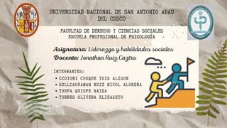 INTEGRANTES:
CCOYORI CHOQUE YOIS ALISON
SULLCAHUAMAN RUIZ NICOL ALONDRA
THUPA QUISPE NAIDA
TORRES OLIVERA ELIZABETH
.
UNIVERSIDAD NACIONAL DE SAN ANTONIO ABAD

DEL CUSCO


FACULTAD DE DERECHO Y CIENCIAS SOCIALES
ESCUELA PROFESIONAL DE PSICOLOGÍA
Asignatura: Liderazgo y habilidades sociales
Docente: Jonathan Ruiz Caztro
 