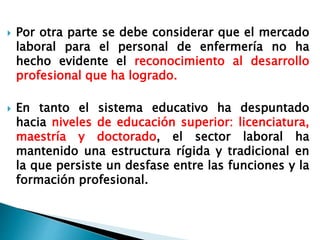  Por otra parte se debe considerar que el mercado
laboral para el personal de enfermería no ha
hecho evidente el reconocimiento al desarrollo
profesional que ha logrado.
 En tanto el sistema educativo ha despuntado
hacia niveles de educación superior: licenciatura,
maestría y doctorado, el sector laboral ha
mantenido una estructura rígida y tradicional en
la que persiste un desfase entre las funciones y la
formación profesional.
 