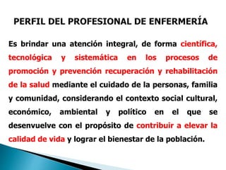 Es brindar una atención integral, de forma científica,
tecnológica y sistemática en los procesos de
promoción y prevención recuperación y rehabilitación
de la salud mediante el cuidado de la personas, familia
y comunidad, considerando el contexto social cultural,
económico, ambiental y político en el que se
desenvuelve con el propósito de contribuir a elevar la
calidad de vida y lograr el bienestar de la población.
 