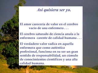 Así quisiera ser yo.


El amor carecería de valor en el cerebro
     vacío de una enfermera . . .
El cerebro saturado de ciencia anula a la
enfermera carente de calidad humana . . .
El verdadero valor radica en aquella
enfermera que como auténtica
profesional, funciona en su ser un gran
sentido de responsabilidad, un cúmulo
de conocimientos científicos y una alta
calidad humana.
 