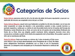 Categorías de Socios
Socios Activos: personas entre los 20 y los 40 años de edad, de buena reputación y que por sus
aptitudes de servicio sea aceptado como tal por un Club.
Socios Activos Mayores: aquel socio que habiendo cumplido los 40 años de edad, o en el caso de
estar ocupando un cargo de elección o de automática sucesión a éste, cuando termine su
período respectivo, reciba por su mérito el voto favorable tanto de las 2/3 partes del Consejo de
Directores, Junta Directiva de su Club, así como de las 2/3 partes de la Asamblea Ordinaria de
Socios de su Club. Una vez elegido, podrá mantener dicha categoría durante cinco años
consecutivos contados a partir de la fecha de aceptación de la Asamblea. No pueden superar el
20% de la membresía del Club.
Socios Ex Activos: Socio que tenga un mínimo de 7 años sirviendo al Club como
socio Activo o que se haya desempeñado como Presidente de su Club. No debe
tener obligaciones financieras pendientes con su Club ni con la Asociación
Nacional. La categoría será otorgada por la Asociación Nacional a solicitud del
Club.

 